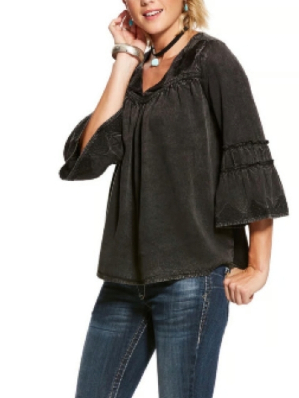 Ariat Tribal Rose Washed Black Peasant Blouse with Ruffled Bell Sleeves Size Sm